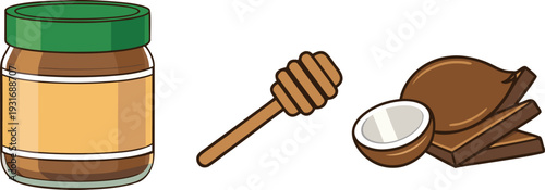 A wooden spoon and dipper drip golden organic honey from a glass jar, featuring a delicious sweet liquid isolated on a natural white background for a healthy food dessert