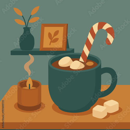 Cozy hot beverage in a mug with marshmallows and candy cane, surrounded by decor