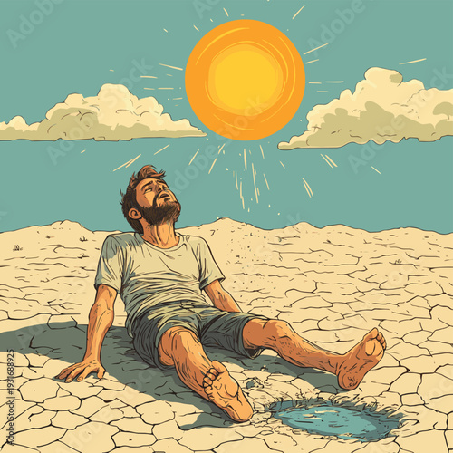 A very thirsty, cartoon man is lying on a dry, desert plain in the hot sun while a tiny spring of water spouts just in front of him. , vector style simple color