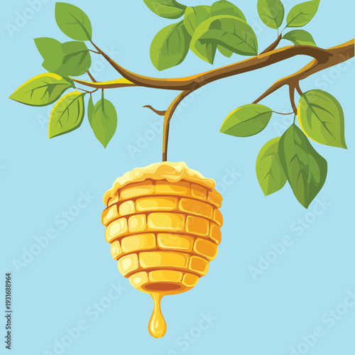 bee hive and honey on a branch , vector style simple color