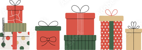 Christmas Gift Boxes Collection, Colorful Wrapped Present Packages with Ribbons and Bows Holiday Celebration Set, Flat Vector Illustration