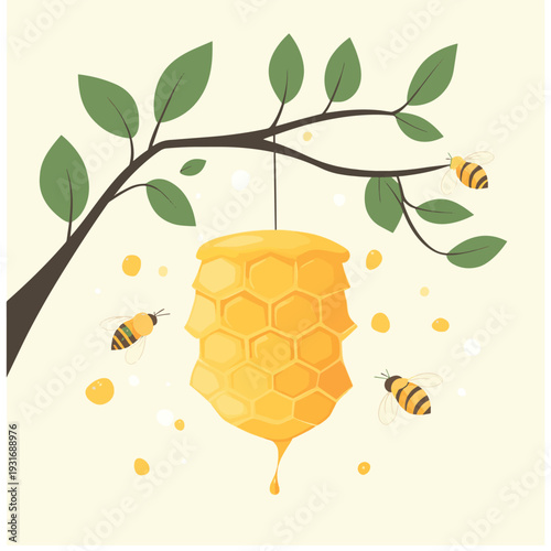 bee hive and honey on a branch , vector style simple color