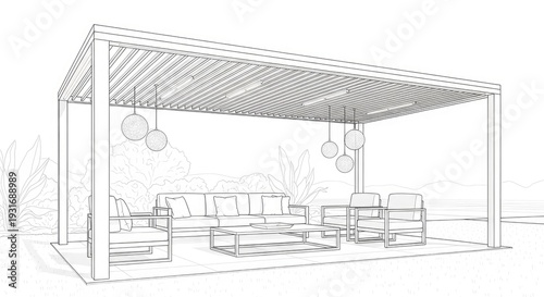 Modern outdoor living space rendering with furniture and lighting design