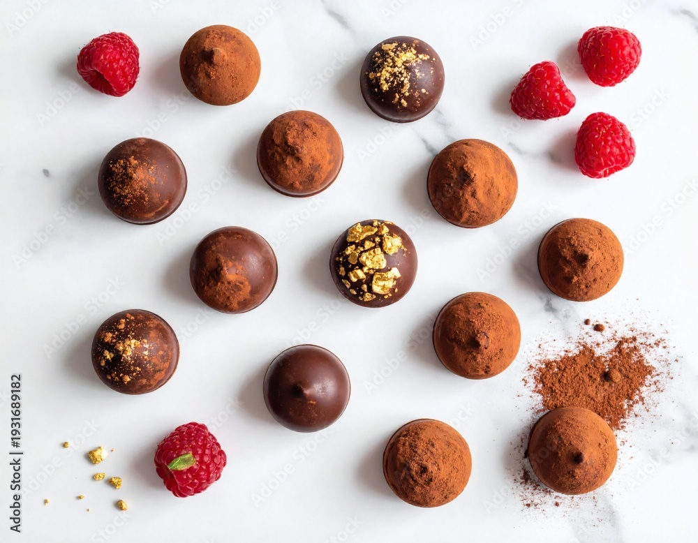 Obraz premium Assorted Chocolate Truffles with Raspberries and Cocoa.