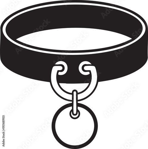 Black dog collar with metal buckle and identification tag on a transparent background from a front view