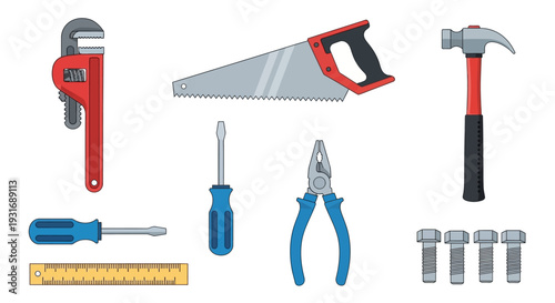 Hand Tools and Hardware Set Illustration: Saw, Hammer, Wrench, Screwdrivers, Pliers, Ruler, Bolts for DIY & Construction