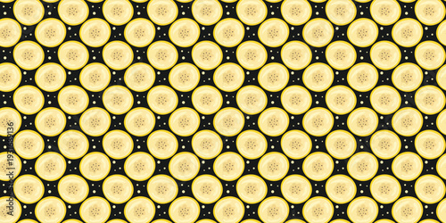 Seamless pattern with sliced banana pieces and tiny dots on black background for food decor