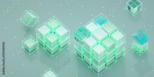 Computer data center, database, data transfer. Online banking. Money, financial, computer protection concept. Blockchain, DeFi, Information security, cyber security. 3D render	