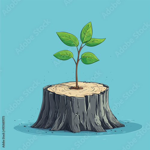 A tiny sapling with green leaves sprouts from the old, grey stump of a large tree that was cut down. , vector style simple color