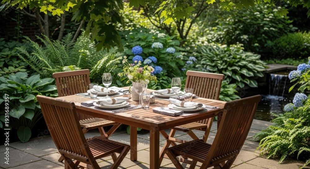 Fototapeta premium Outdoor dining set in lush garden setting with waterfall and flowers