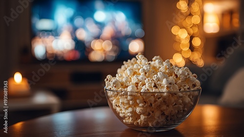 Cozy Movie Night Popcorn Bowl on Wooden Table, Warm Living Room Atmosphere with Soft Ambient Lighting and Relaxing Home Scene