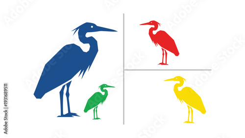 Colorful illustration of four stylized birds standing side by side