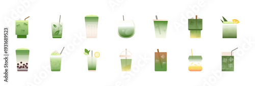 Matcha Drinks Icon Set. Matcha beverage collection of colorful cups and glasses. Flat vector illustration isolated