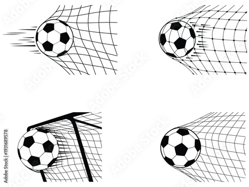 Soccer ball hitting net line icon set isolated on white background