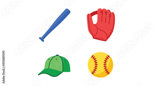 Iconic baseball equipment set including bat, glove, ball, and cap