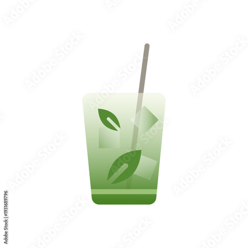 Matcha Sparkling Soda Icon. Matcha fizzy green tea drink in tall glass with ice. Flat vector illustration isolated
