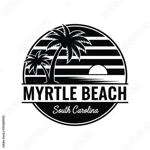 Vector illustration myrtle beach south carolina black and white illustration with palm trees and sunset