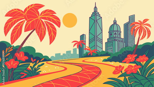 Realistic Tropical Urban Park Landscape with Skyscrapers and Morning Sunlight Vector