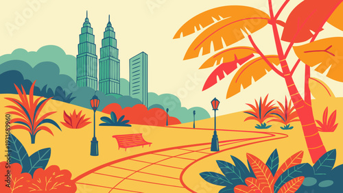 Realistic Tropical Urban Park Landscape with Skyscrapers and Morning Sunlight Vector