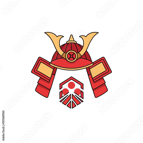 Stylized Japanese Samurai Helmet (Kabuto) with Traditional Emblem Vector Illustration for Cultural Design and Warrior Spirit