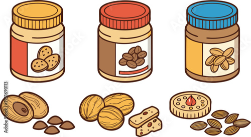set of different kinds of nut jar and breakfast item.