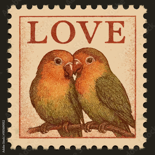 Two lovebirds on a branch with a romantic theme