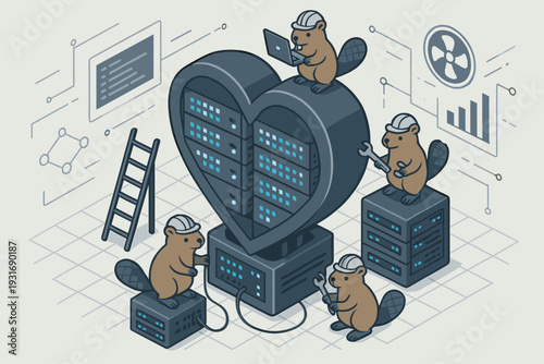 Beavers working on a heart-shaped server structure in a tech environment