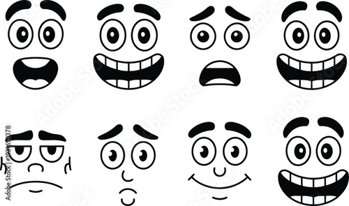 Eight cartoon faces with different expressions, happy, sad, surprised emotions, eyes and mouth