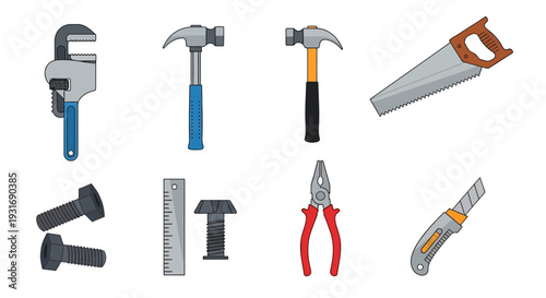 Cartoon Hand Tools for DIY and Construction: Wrench, Hammers, Saw, Pliers, Bolts, Ruler, Utility Knife Vector Set