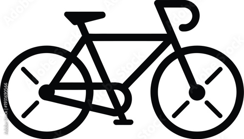 Simple black bicycle icon isolated on white, viewed from side, showcasing clean lines and minimalist design