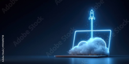 Rocket launch concept with glowing neon rocket rising from laptop screen and cloud smoke on dark background for technology and innovation theme.