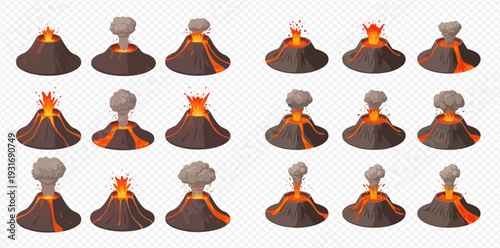 Volcano eruption stages with lava and smoke coming out of the crater, set of isometric icons.