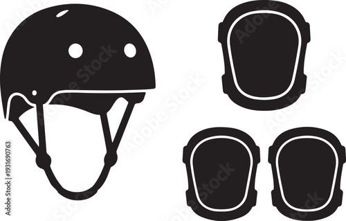A black and white drawing of a helmet and knee pads