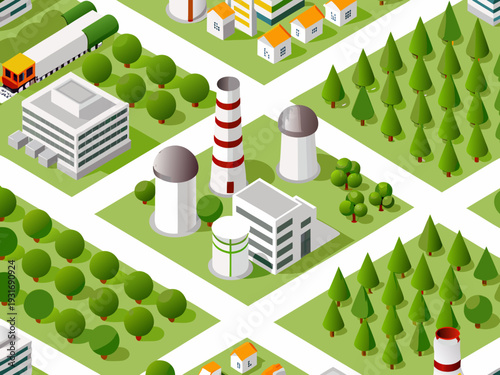 Isometric illustration of a modern city featuring industrial and residential areas