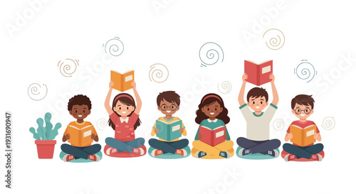 A diverse group of children sitting cross-legged and reading colorful books in a fun and happy educational celebration setting