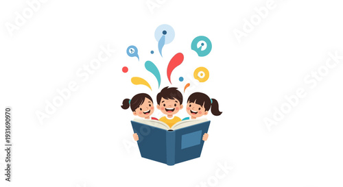 Three happy children reading a colorful book with speech bubbles around them in a fun educational illustration for Read Across America Day