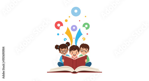 Children read a colorful book with fun illustrations and speech bubbles on Read Across America Day in a lively celebration of education and reading