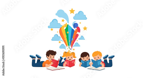 Children lie on their stomachs reading colorful books with a hot air balloon and clouds in a fun and educational illustration for Read Across America Day