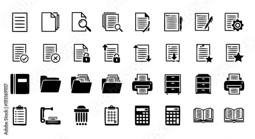 Black Silhouette 20 Document Icon Set Vector – File and Paper Symbols