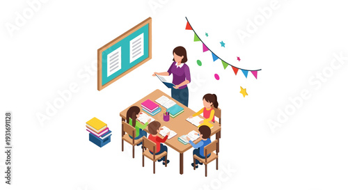 A woman leads a colorful children's reading celebration with kids around a table, surrounded by books and educational materials in a lively classroom setting