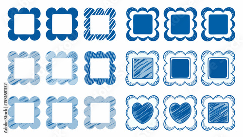 Collection of various blue square shaped frames with decorative edges