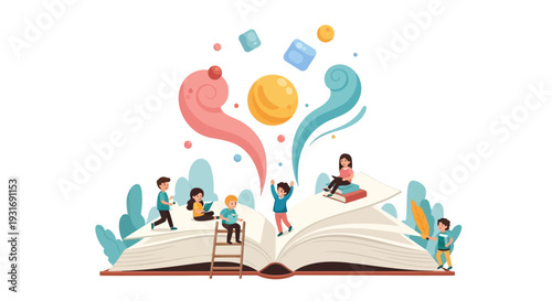 Children celebrate Dr. Seuss Day by reading colorful books in a joyful illustration with a cartoon style and happy mood