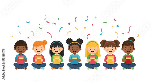 A diverse group of children sit cross-legged, reading colorful books in a fun celebration with confetti, symbolizing Read Across America Day and Dr. Seuss Day