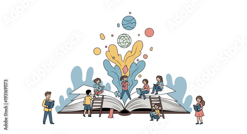 Children celebrate Dr. Seuss Day by reading colorful books in a fun, educational illustration with a joyful and happy mood