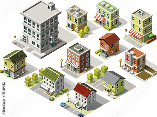 Isometric illustration of a colorful low poly urban cityscape scene
