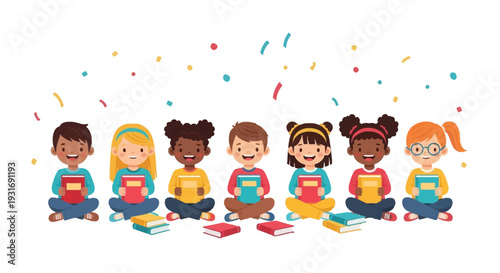 A diverse group of children sit cross-legged reading colorful books in a fun celebration with confetti, promoting Read Across America Day and education