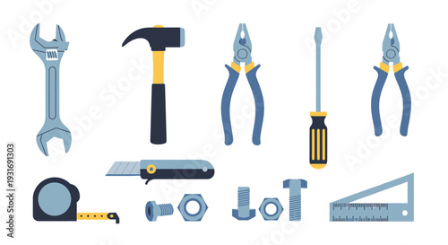 Professional Hand Tools Vector Set for DIY, Home Repair, Construction & Maintenance. Wrench, Hammer, Pliers, Screwdriver, Tape Measure, Cutter.