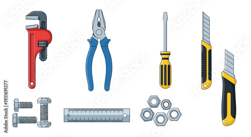 Essential Hand Tools Vector Set for DIY, Construction, and Repair Projects: Wrench, Pliers, Screwdriver, Utility Knife, Bolts, Nuts, Ruler Illustration