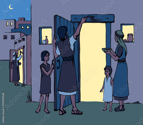 Vector drawing. The family fulfills God's command. Anoints the doorposts with the blood of the lamb