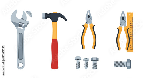 Essential Hand Tools Set: Adjustable Wrench, Hammer, Pliers, Screws, and Bolt. Flat Vector Illustration for Construction, DIY & Repair